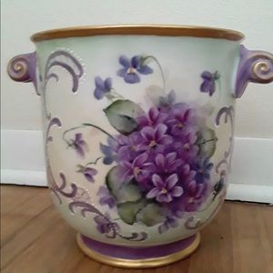 Vtg Large Ceramic Vase Cachepot  Violets Flowers